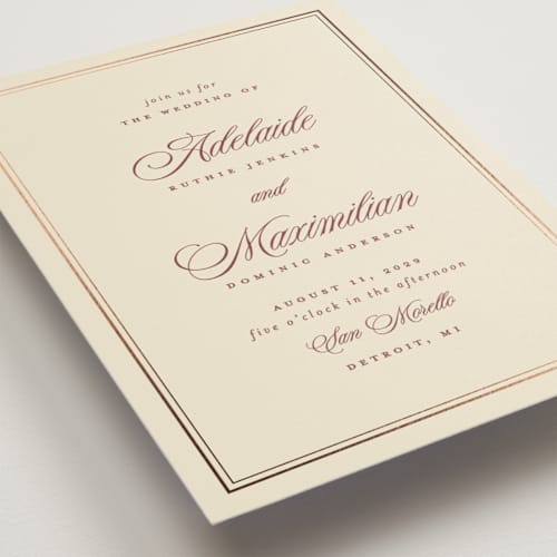 This is a burgundy foil stamped wedding invitations with foil pressed by Ellen Schlegelmilch called museo printing on signature in standard