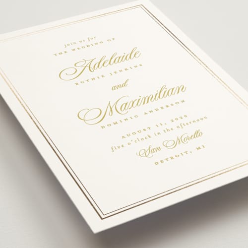 This is a citrus foil stamped wedding invitations with foil pressed by Ellen Schlegelmilch called museo printing on signature in standard