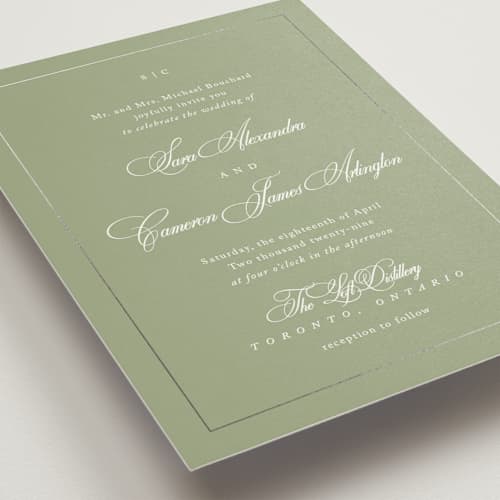 This is a garden foil stamped wedding invitations with foil pressed by Kelly Schmidt called greenwood printing on signature in standard