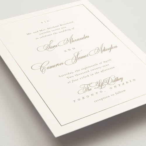 This is a golden foil stamped wedding invitations with foil pressed by Kelly Schmidt called greenwood printing on signature in standard