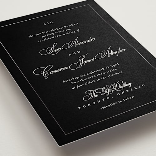 This is a midnight foil stamped wedding invitations with foil pressed by Kelly Schmidt called greenwood printing on signature in standard