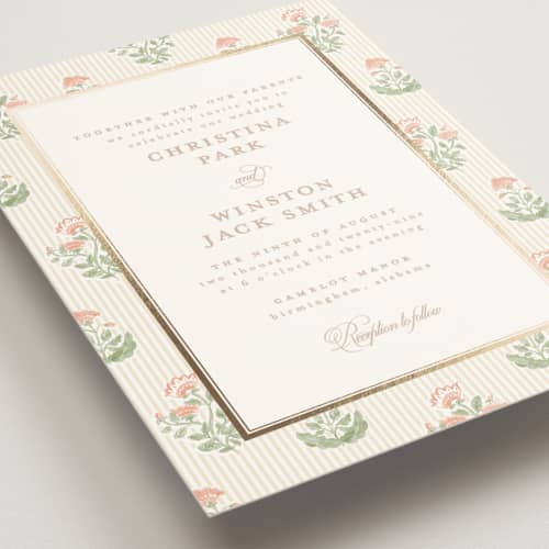 This is a sunset foil stamped wedding invitations with foil pressed by Creo Study called patterned florals printing on signature in standard