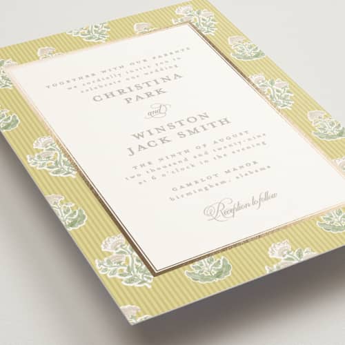 This is a chartruese foil stamped wedding invitations with foil pressed by Creo Study called patterned florals printing on signature in standard