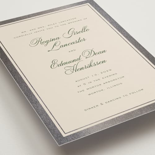 This is a dark moss foil stamped wedding invitations with foil pressed by chocomocacino called krytharaki printing on signature in standard
