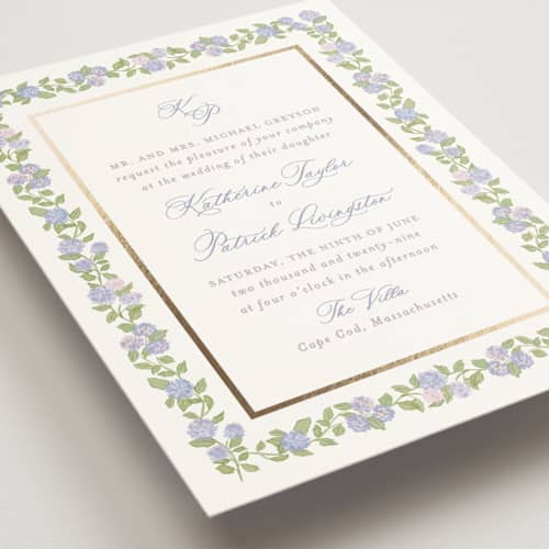 This is a iris foil stamped wedding invitations with foil pressed by Creo Study called pillowy border printing on signature in standard