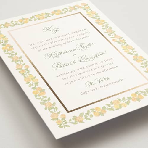 This is a butter foil stamped wedding invitations with foil pressed by Creo Study called pillowy border printing on signature in standard