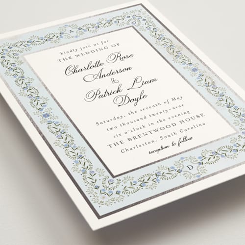 This is a marine foil stamped wedding invitations with foil pressed by Susan Moyal called embrace printing on signature in standard