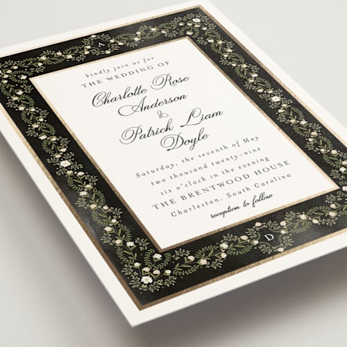 This is a midnight foil stamped wedding invitations with foil pressed by Susan Moyal called embrace printing on signature in standard