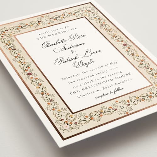 This is a copper foil stamped wedding invitations with foil pressed by Susan Moyal called embrace printing on signature in standard
