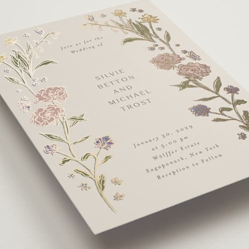 This is a petal foil stamped wedding invitations with foil pressed by Nicoletta Savod called parisian garden printing on signature in standard