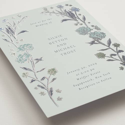 This is a frozen foil stamped wedding invitations with foil pressed by Nicoletta Savod called parisian garden printing on signature in standard