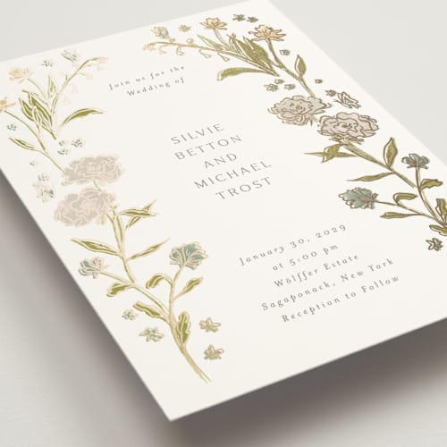 This is a lily foil stamped wedding invitations with foil pressed by Nicoletta Savod called parisian garden printing on signature in standard