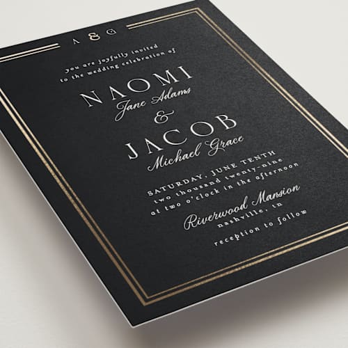 This is a midnight foil stamped wedding invitations with foil pressed by Nicole Walsh called grace printing on signature in standard