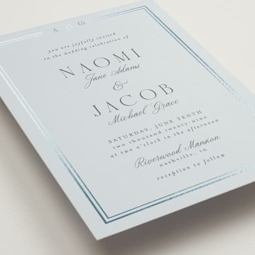 This is a blue mist foil stamped wedding invitations with foil pressed by Nicole Walsh called grace printing on signature in standard