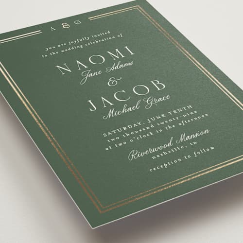This is a fern foil stamped wedding invitations with foil pressed by Nicole Walsh called grace printing on signature in standard