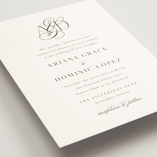 This is a sage foil stamped wedding invitations with foil pressed by Jennifer Postorino called gilded ampersand printing on signature in standard