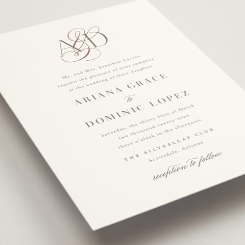 This is a taupe foil stamped wedding invitations with foil pressed by Jennifer Postorino called gilded ampersand printing on signature in standard