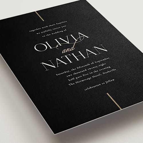 This is a black tie foil stamped wedding invitations with foil pressed by Jessica Williams called aligned printing on signature in standard