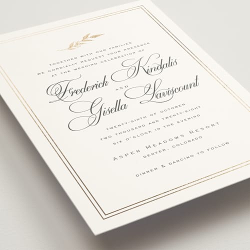 This is a diamond foil stamped wedding invitations with foil pressed by chocomocacino called tompouce printing on signature in standard