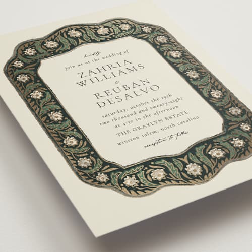 This is a emerald foil stamped wedding invitations with foil pressed by Jen Owens called frame printing on signature in standard