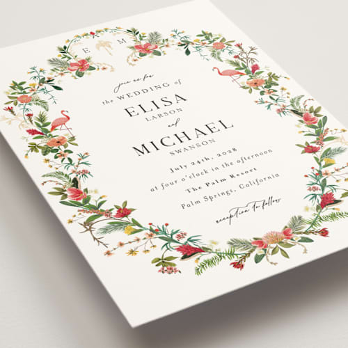 This is a papaya foil stamped wedding invitations with foil pressed by Susan Moyal called tropica printing on signature in standard