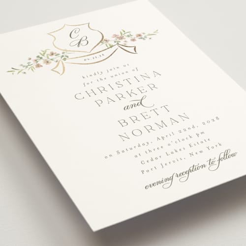 This is a blush foil stamped wedding invitations with foil pressed by Everett Paper Goods called posy printing on signature in standard