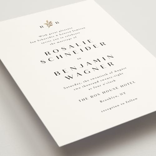 This is a black dahlia foil stamped wedding invitations with foil pressed by Olivia Raufman called petite sprig printing on signature in standard