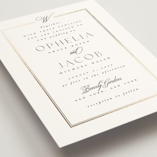 This is a pearl foil stamped wedding invitations with foil pressed by Leah Bisch called elegant type printing on signature in standard