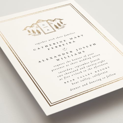 This is a quartz foil stamped wedding invitations with foil pressed by Ana de Sousa called summit serenity printing on signature in standard
