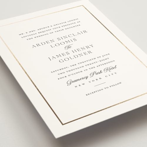 This is a pearl foil stamped wedding invitations with foil pressed by Stacey Meacham called opulence printing on signature in standard