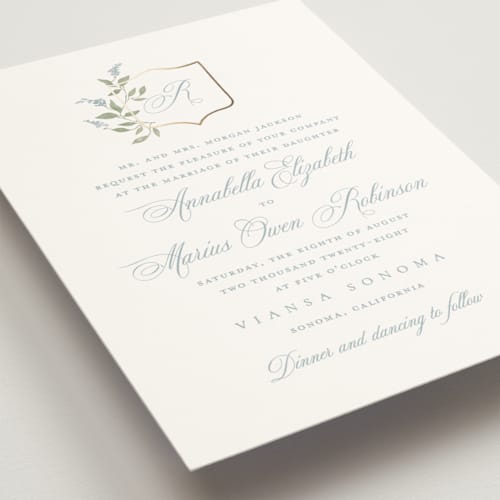 This is a bluebell foil stamped wedding invitations with foil pressed by Kristie Kern called marmont printing on signature in standard