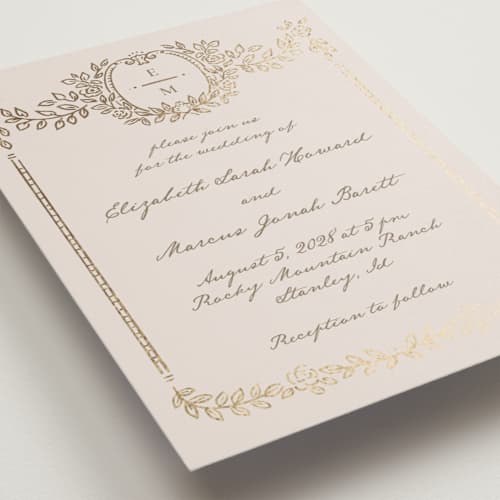 This is a vanilla foil stamped wedding invitations with foil pressed by Petra Kern called manuet printing on signature in standard