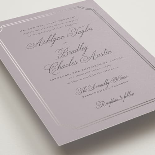 This is a dusty lilac foil stamped wedding invitations with foil pressed by Sarah Brown called formally printing on signature in standard