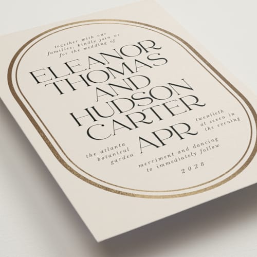 This is a sandstone foil stamped wedding invitations with foil pressed by Lori Wemple called oval printing on signature in standard