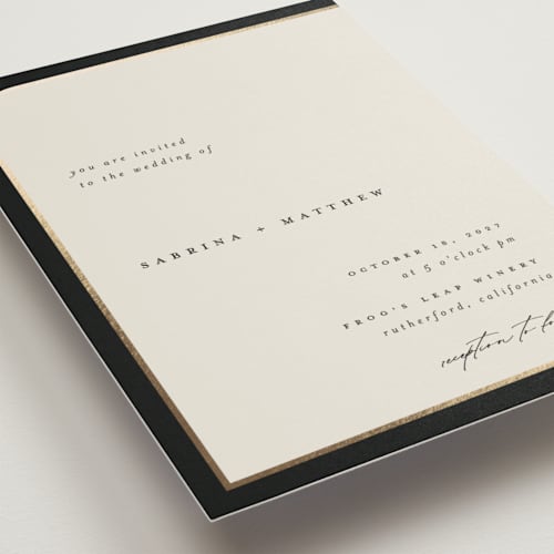 This is a black tie foil stamped wedding invitations with foil pressed by Carolyn Nicks called tuxedo printing on signature in standard