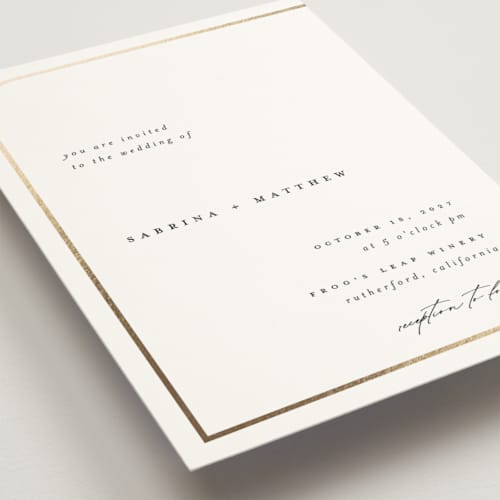 This is a cotton foil stamped wedding invitations with foil pressed by Carolyn Nicks called tuxedo printing on signature in standard