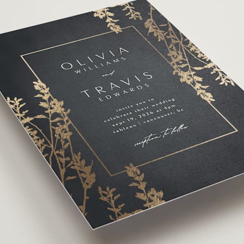 This is a navy foil stamped wedding invitations with foil pressed by Kelly Schmidt called quince printing on signature in standard