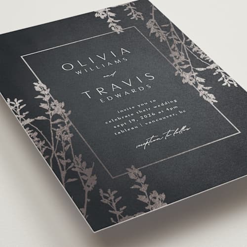 This is a navy foil stamped wedding invitations with foil pressed by Kelly Schmidt called quince printing on signature in standard
