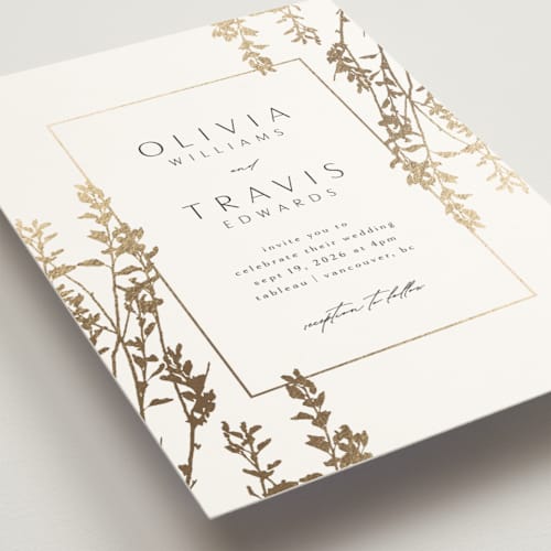 This is a silk foil stamped wedding invitations with foil pressed by Kelly Schmidt called quince printing on signature in standard