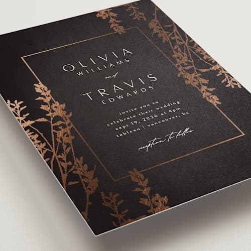 This is a night foil stamped wedding invitations with foil pressed by Kelly Schmidt called quince printing on signature in standard