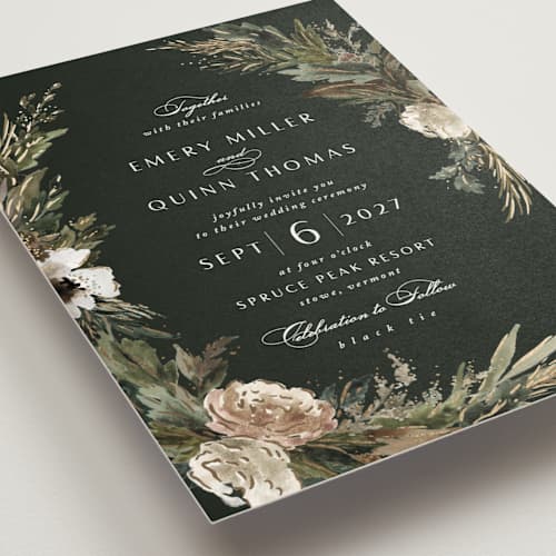 This is a olive foil stamped wedding invitations with foil pressed by Kate Ahn called poetique printing on signature in standard