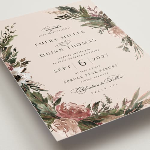 This is a rose quartz foil stamped wedding invitations with foil pressed by Kate Ahn called poetique printing on signature in standard
