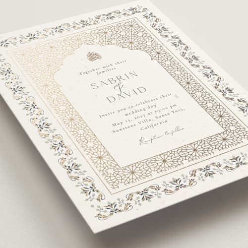 This is a sage foil stamped wedding invitations with foil pressed by Sabrin Deirani called islamic arch printing on signature in standard