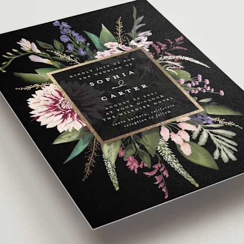 This is a midnight foil stamped wedding invitations with foil pressed by Susan Moyal called bold bouquet printing on signature in standard