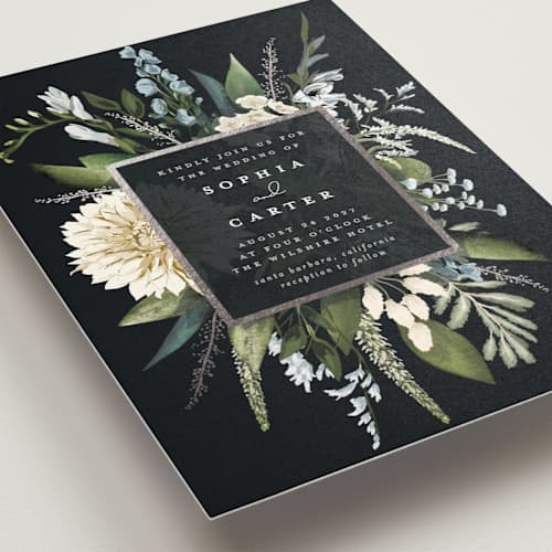 This is a marine foil stamped wedding invitations with foil pressed by Susan Moyal called bold bouquet printing on signature in standard