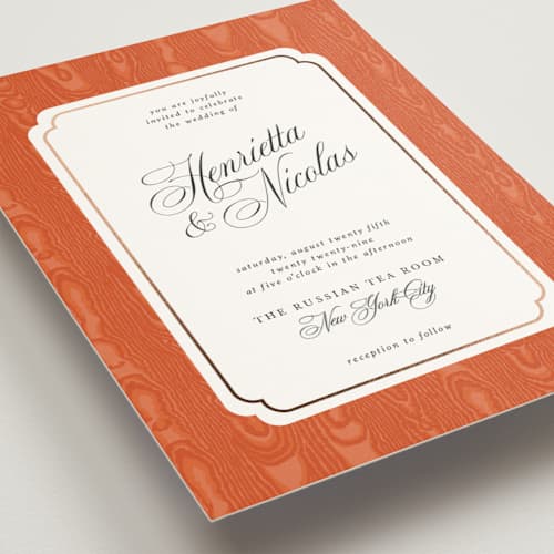 This is a pumpkin foil stamped wedding invitations with foil pressed by Studio Suku called moiré printing on signature in standard