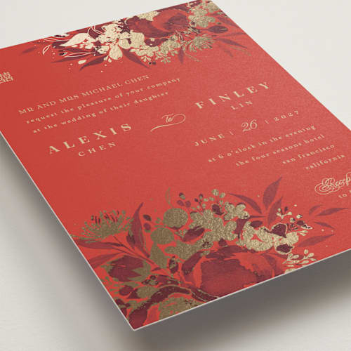 This is a cherry foil stamped wedding invitations with foil pressed by Shannon Chen of Four Wet Feet Studio called happiness printing on signature in standard