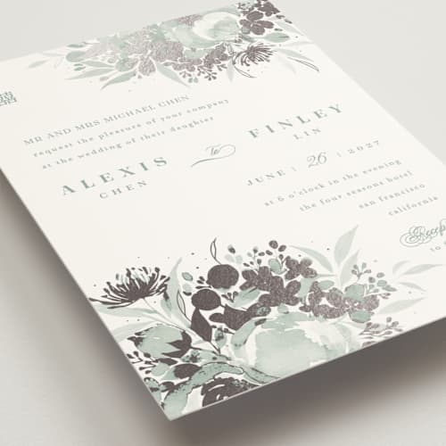 This is a sage foil stamped wedding invitations with foil pressed by Four Wet Feet Studio called happiness printing on signature in standard