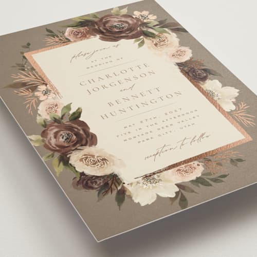 This is a rose foil stamped wedding invitations with foil pressed by Wildfield Paper Co called romantic frame printing on signature in standard