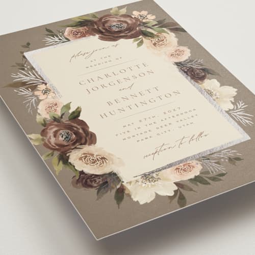 This is a rose foil stamped wedding invitations with foil pressed by Wildfield Paper Co called romantic frame printing on signature in standard